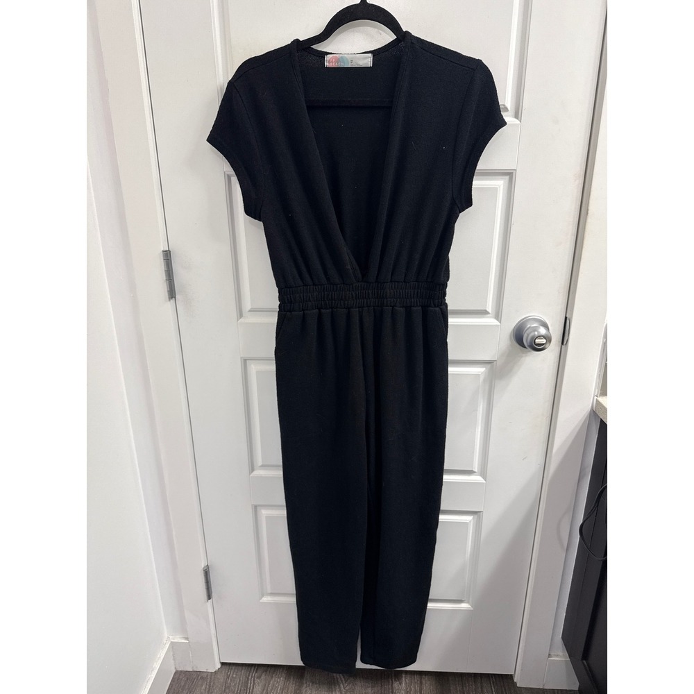Free People Beach Black Deep V-Neck Smocked Waist Knit Jumpsuit XS